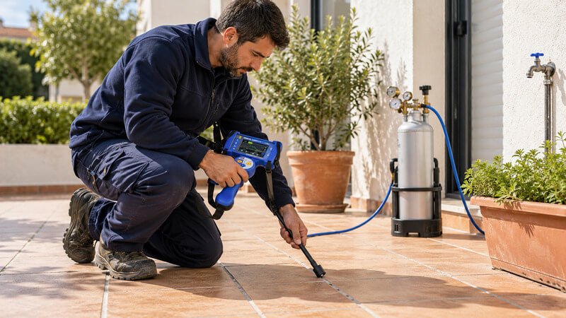 Técnico a utilizar uma sonda de deteção de gás traçador junto ao pavimento para investigar um possível ponto de escape numa tubagem enterrada.