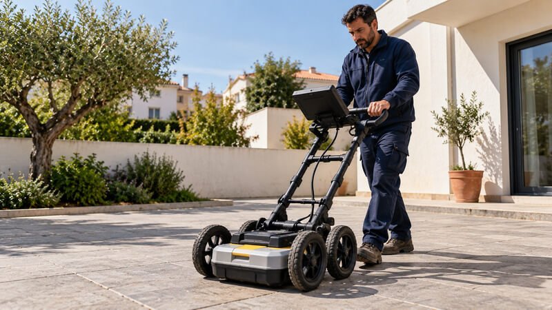 Técnico a utilizar um equipamento de georradar GPR sobre o pavimento de um espaço exterior para investigar a presença de tubagens enterradas.
