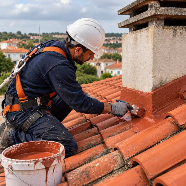 Técnico a aplicar impermeabilização líquida numa zona de remate de um telhado com telhas cerâmicas vermelhas.