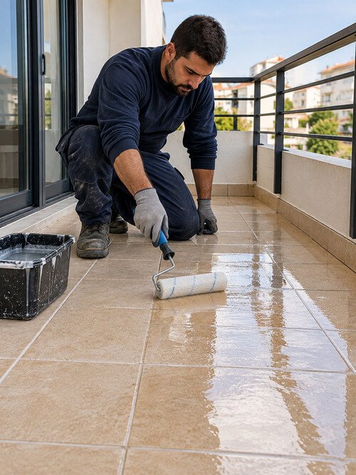 Técnico a aplicar impermeabilização líquida transparente com rolo no pavimento cerâmico de uma varanda.