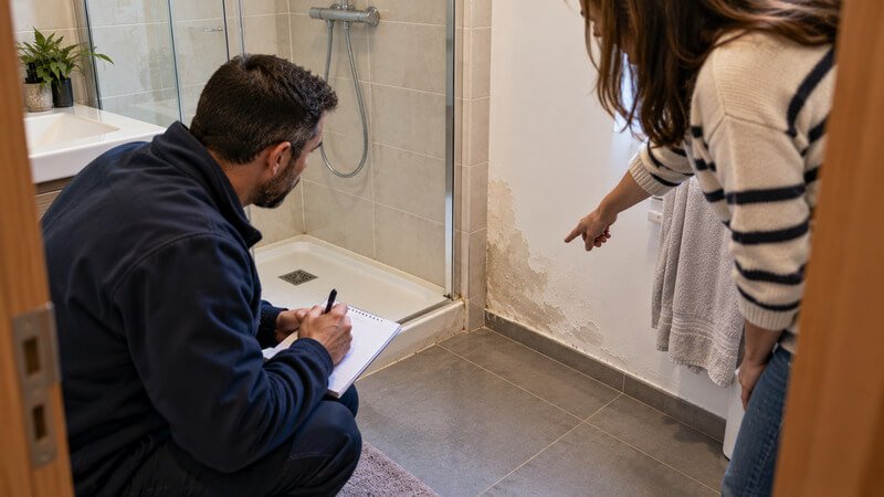 Profissional a observar manchas de humidade junto à base de duche enquanto o proprietário descreve quando surgem os sinais de infiltração.