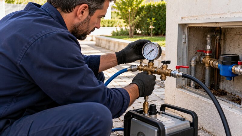 Técnico a realizar um teste de pressão num circuito de abastecimento para ajudar a confirmar uma possível perda de água.